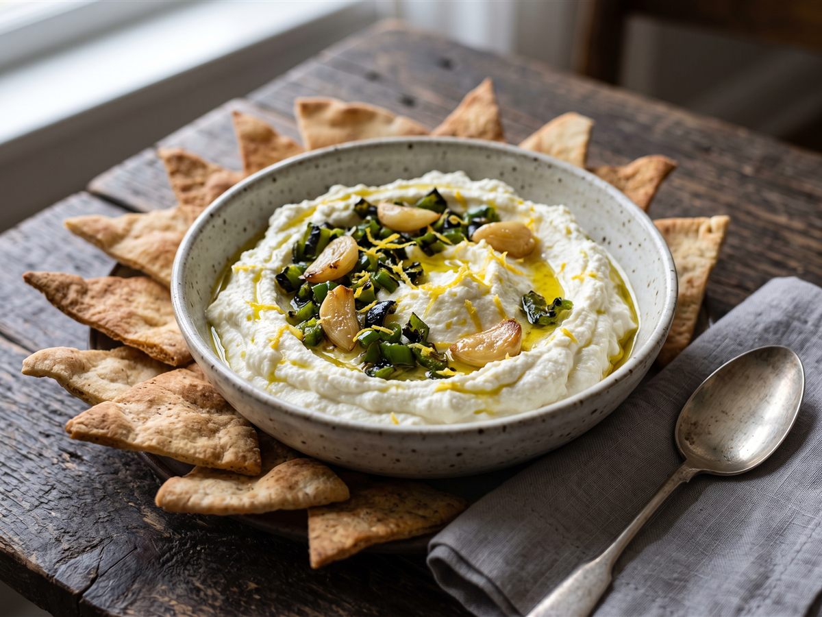 Whipped Ricotta Dip with Charred Jalapeño & Roasted Garlic